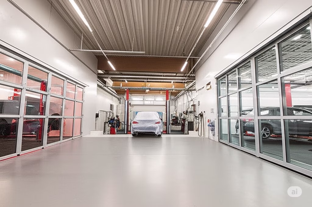 A car being prepped for painting in a modern, well-lit workshop, with bright sunlight visible outside, highlighting the need for heat-resistant materials.