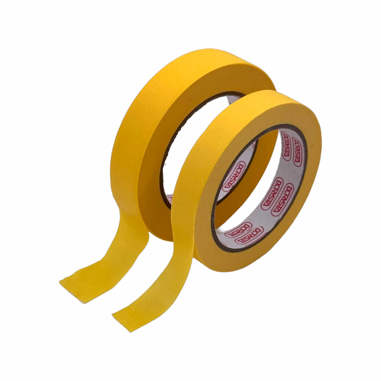 DCRYSTA DMT-600UV Premium Automotive Masking Tape roll on a surface, showcasing its yellow color.