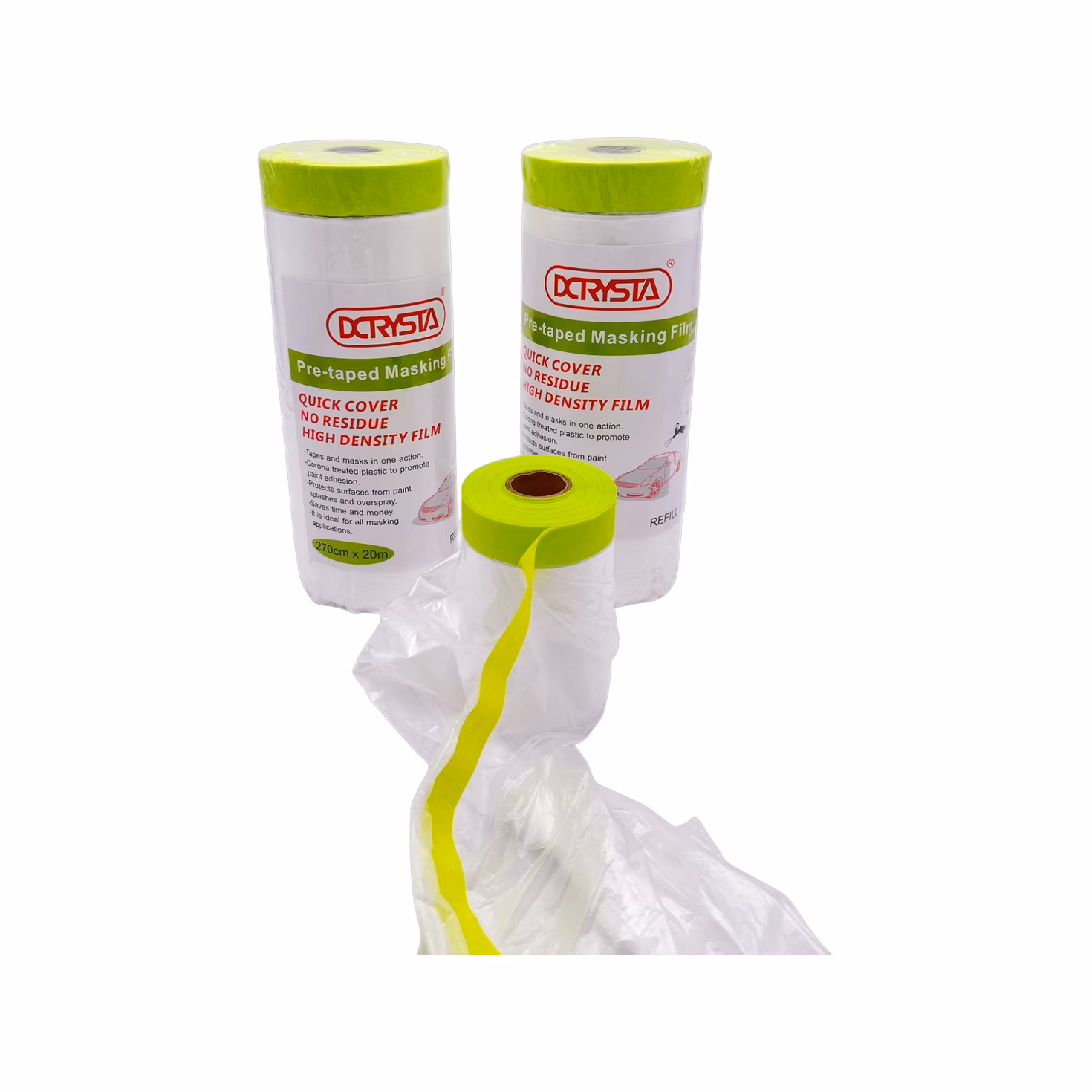 DCRYSTA Green Pre-taped Masking Film roll showing the green washi tape and folded plastic film, ready for automotive paint masking.